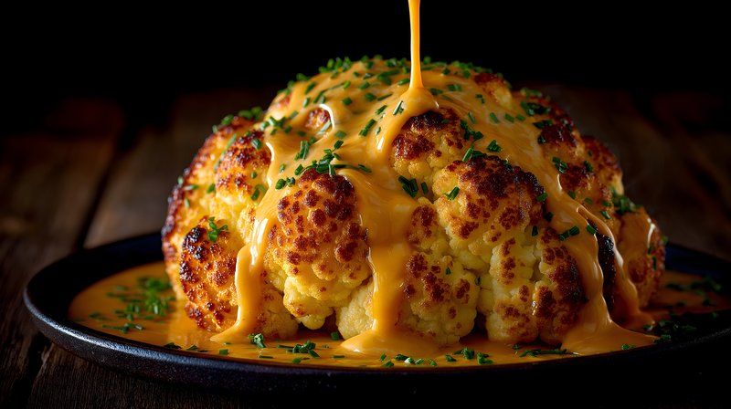 Cauliflower with cheese sauce on a plate in a dark setting Free Premium Stock Photo - stock photo