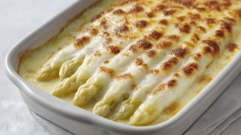 Baked asparagus dish with cheese presented on a white table Free Premium Stock Photo - stock photo