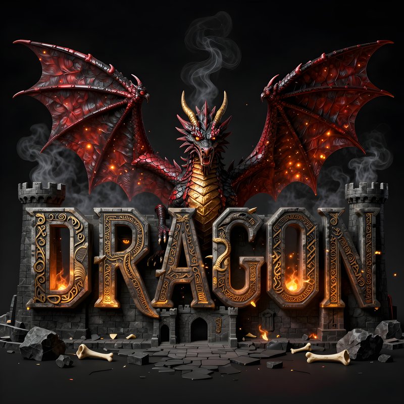 Dragon stands guard over castle in dark setting with fire Free Premium Stock Photo - stock photo