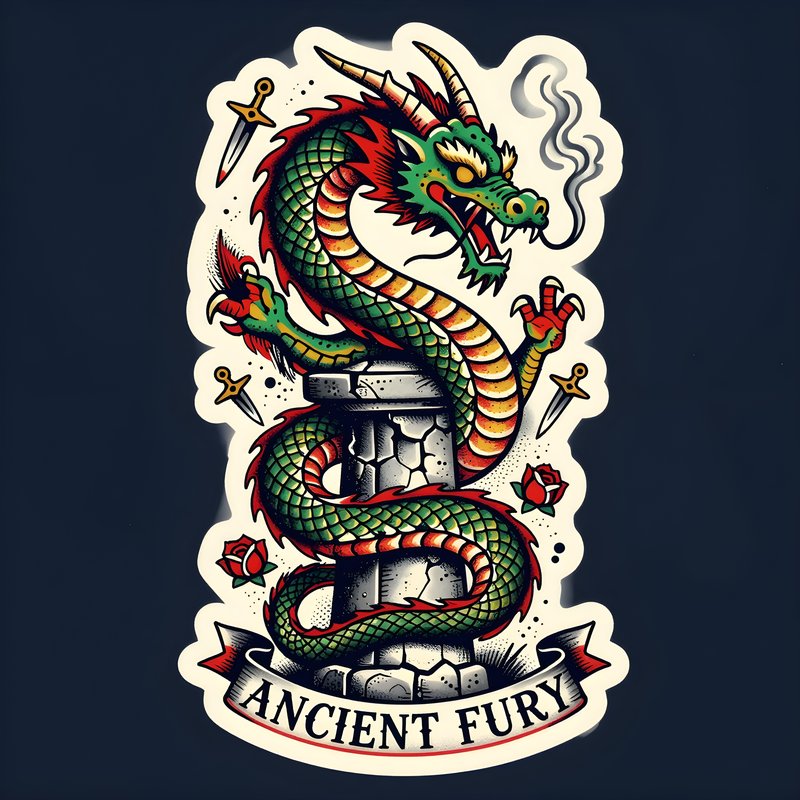 Design of a dragon coiled around a column with swords Free Premium Stock Photo - stock photo