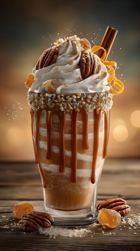 Delicious drink with cream, caramel, and nuts on wooden table Free Premium Stock Image - stock photo