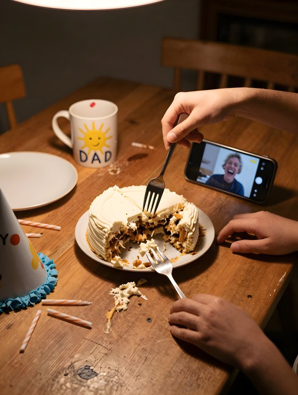 Family celebration with cake and video call for dad Free Premium Stock Image - stock photo