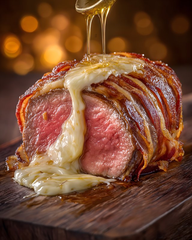 Delicious beef dish with melted cheese and bacon on wood Free Premium Stock Photo - stock photo