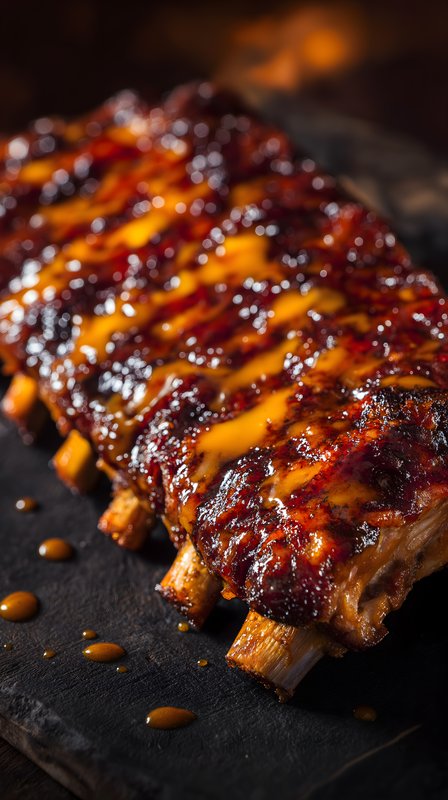 Grilled ribs with barbecue sauce on a dark surface Free Premium Stock Photo - stock photo