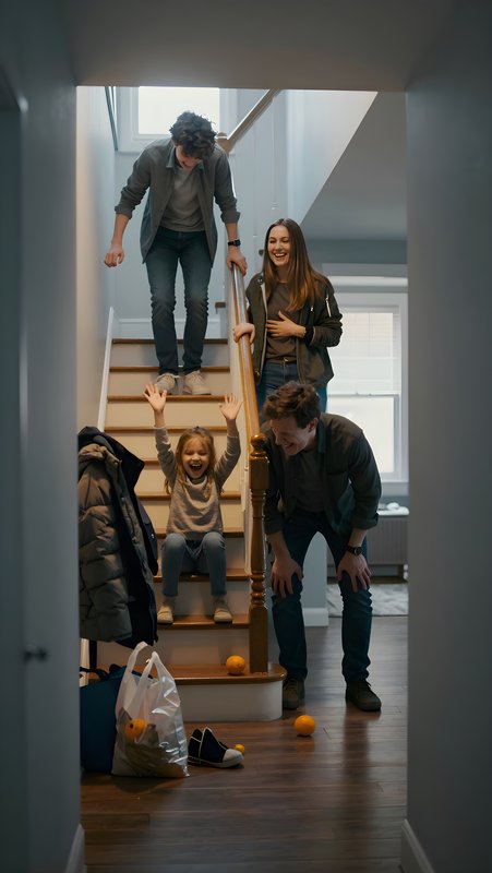 Family members enjoy fun time in home with stairs and laughter Free Premium Stock Image - stock photo