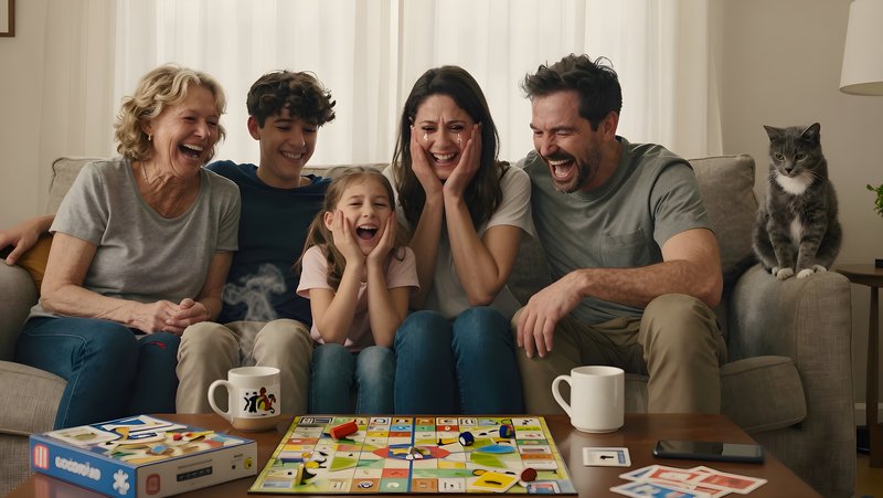 Family enjoys game night in living room with laughter and joy Free Premium Stock Photo - stock photo