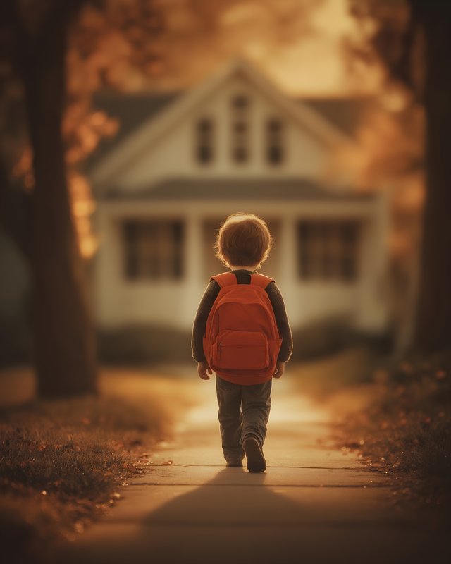 Child walks toward house with backpack during golden hour Free Premium Stock Image - stock photo