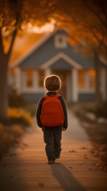 Child walks on sidewalk toward house during sunset Free Premium Stock Photo - stock photo