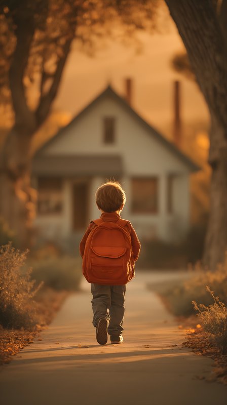 Child walks toward home during sunset with backpack Free Premium Stock Photo - stock photo