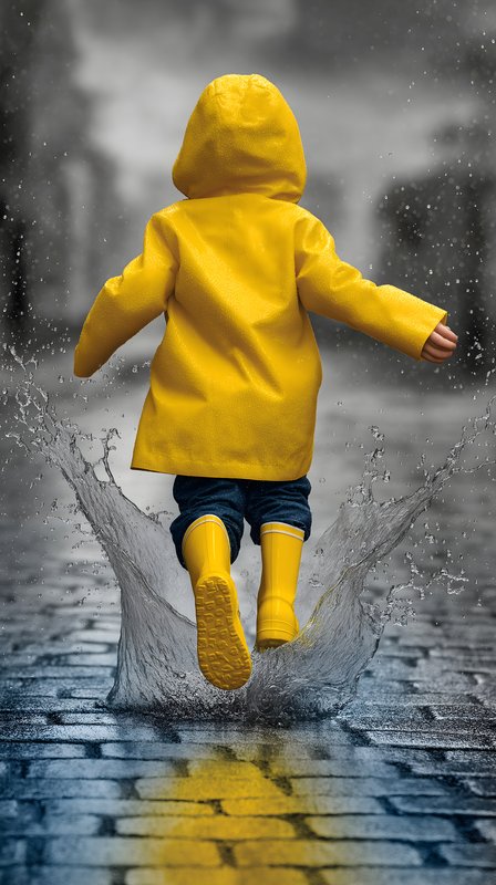 Child jumps in puddles on rainy street during gray day Free Premium Stock Photo - stock photo