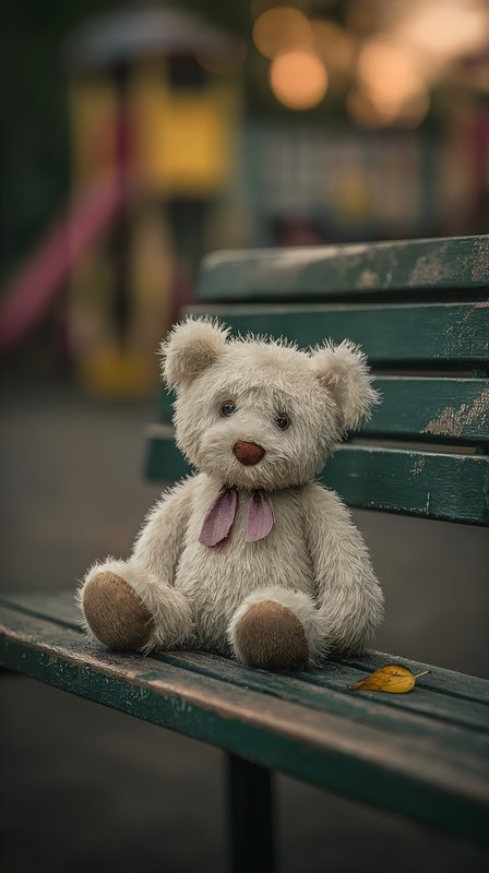 Teddy bear sits alone on a park bench during sunset Free Premium Stock Image - stock photo