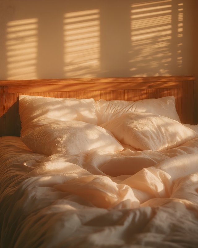 Soft sunlight falls on a bed with fluffy pillows and blankets Free Premium Stock Photo - stock photo