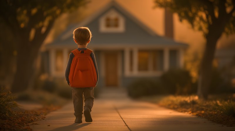 Child walks home with backpack after school in evening light Free Premium Stock Photo - stock photo