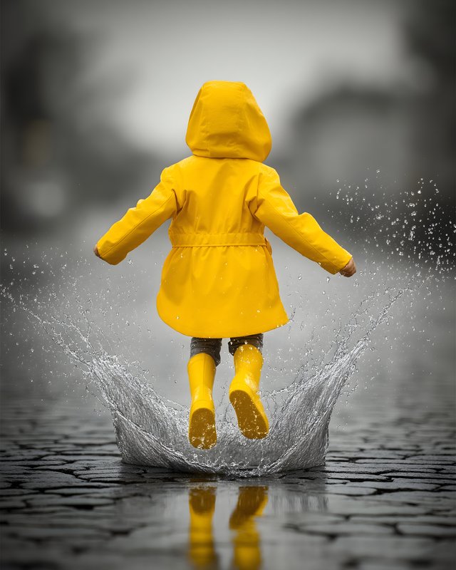 Child jumps in puddle wearing yellow rain coat and boots Free Premium Stock Image - stock photo