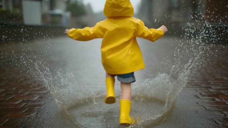 Child plays in rain puddles wearing yellow rain gear Free Premium Stock Photo - stock photo