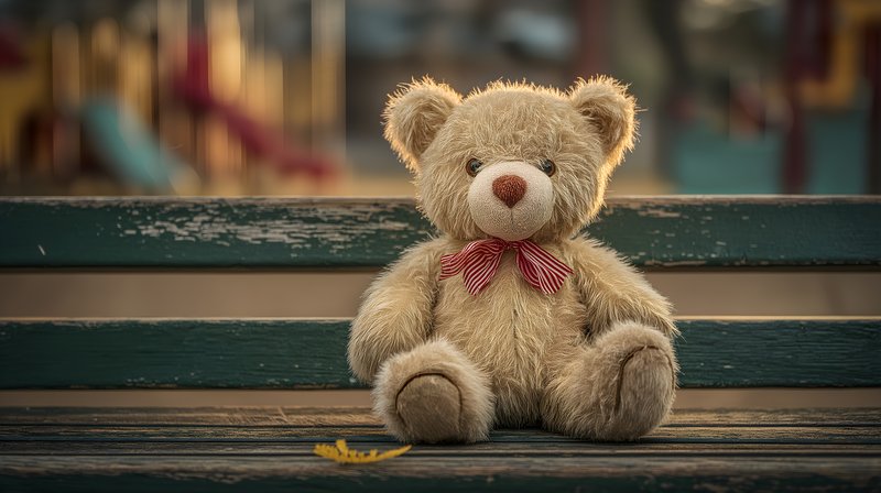 Teddy bear sitting alone on a park bench during the day Free Premium Stock Image - stock photo