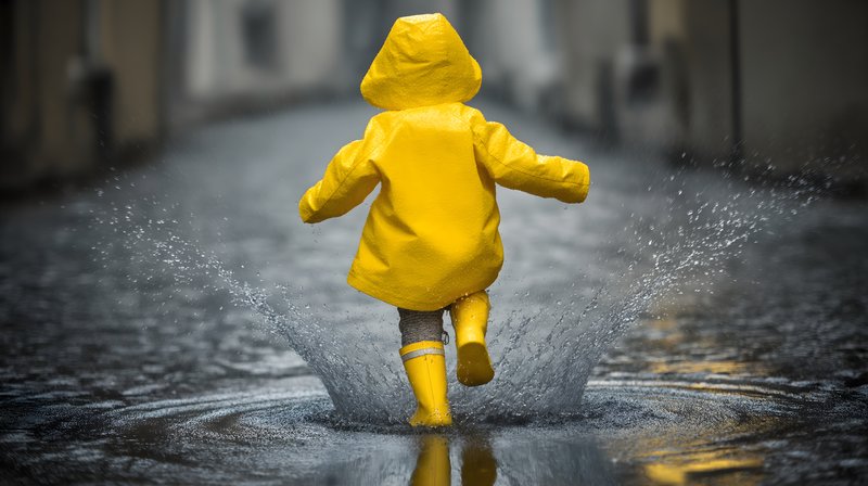 Child plays and splashes in puddles on rainy city street Free Premium Stock Photo - stock photo