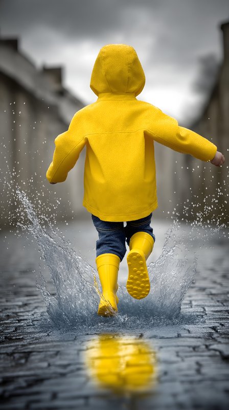 Child plays in puddles on rainy street wearing yellow raincoat Free Premium Stock Image - stock photo