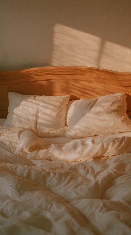 Morning light shines on a messy bed with white sheets Free Premium Stock Photo - stock photo