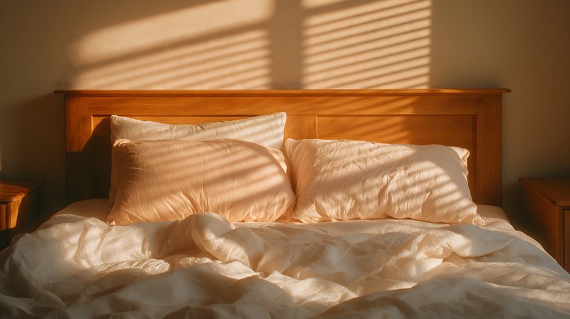 Warm sunlight fills a bed with soft pillows and blankets Free Premium Stock Image - stock photo