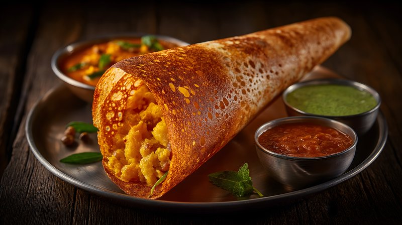 Fresh dosa served with chutneys and curry at a restaurant Free Premium Stock Image - stock photo