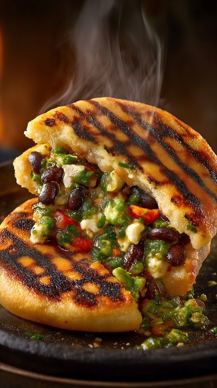 Arepa with black beans and fresh salsa served hot Free Premium Stock Image
