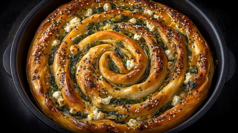 Freshly baked spiral bread with spinach and cheese on display Free Premium Stock Image