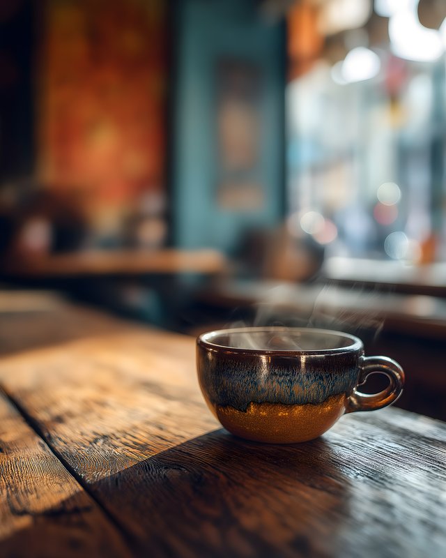 Coffee cup sits on wooden table in a cafe during morning Free Premium Stock Photo - stock photo