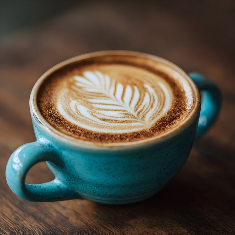 Coffee with latte art served in blue cup on wooden table Free Premium Stock Photo - stock photo