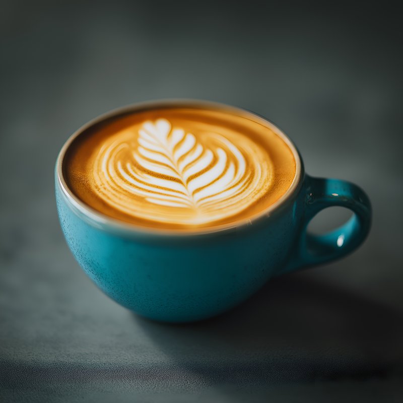 Coffee served in a blue cup with latte art on top Free Premium Stock Photo - stock photo