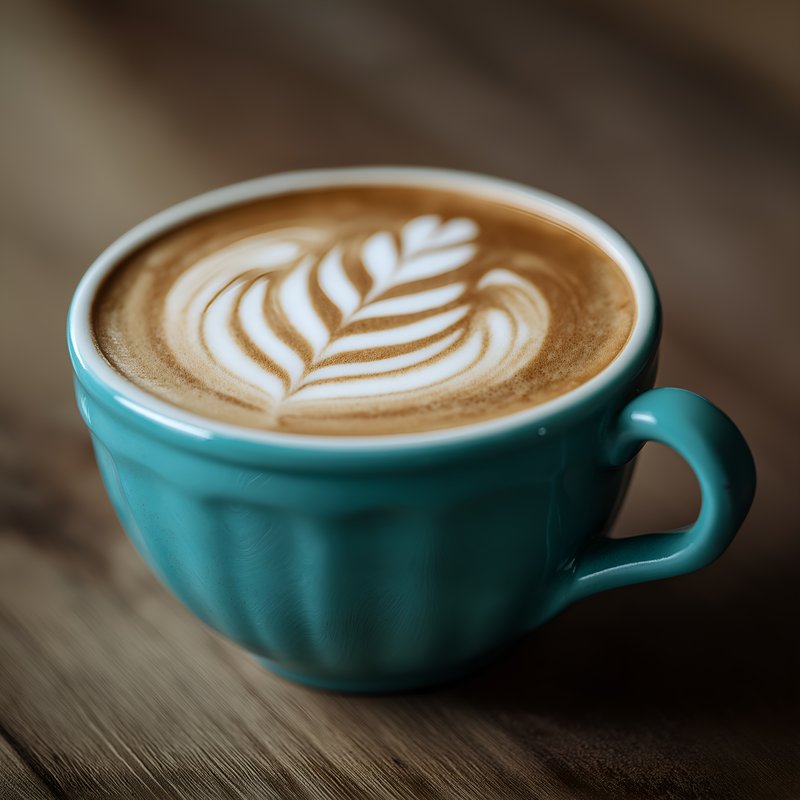 Coffee cup with latte art sits on wooden table Free Premium Stock Photo - stock photo