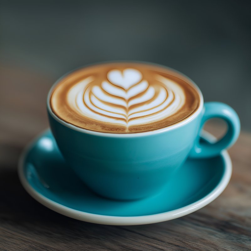 Coffee latte art in a blue cup on a wooden table Free Premium Stock Image - stock photo