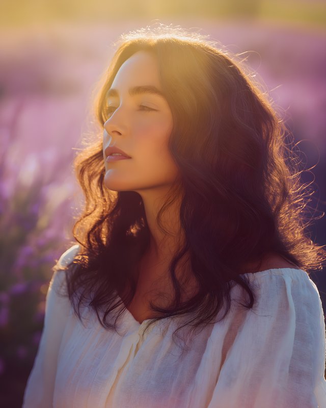Woman enjoys warm sunset in lavender field near home Free Premium Stock Image - stock photo