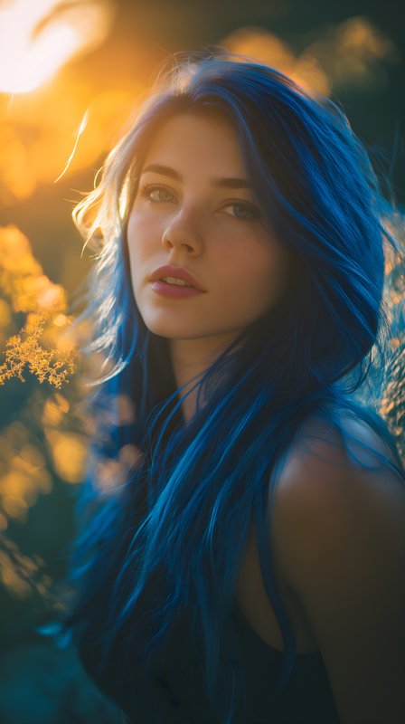 Young woman with blue hair in sunset light outdoors Free Premium Stock Image - stock photo