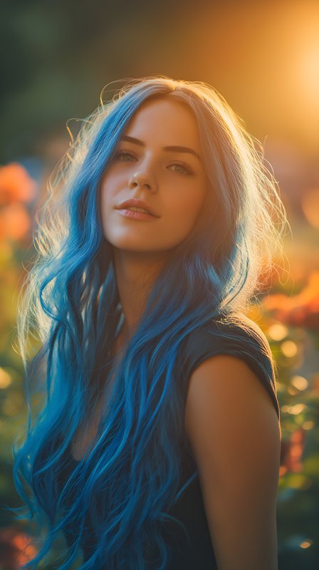 Young woman with blue hair in garden at sunset Free Premium Stock Image - stock photo