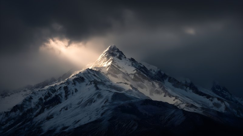 Light breaks through clouds over snowy mountain peak Free Premium Stock Image - stock photo