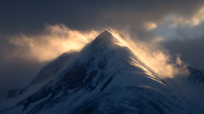 Snow covers mountain peak as sunlight breaks through clouds Free Premium Stock Photo - stock photo