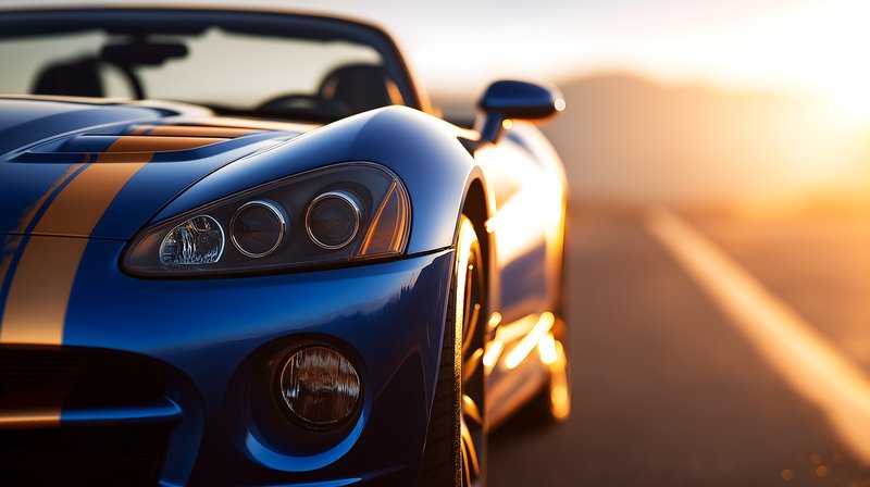 Blue sports car in the sunset on an open road Free Premium Stock Image - stock photo