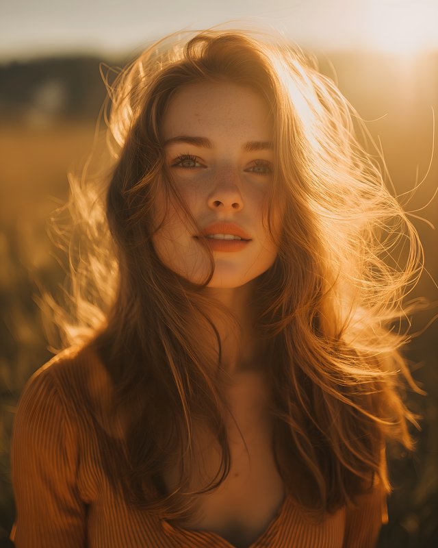 Young woman stands in field during sunset with flowing hair Free Premium Stock Image - stock photo
