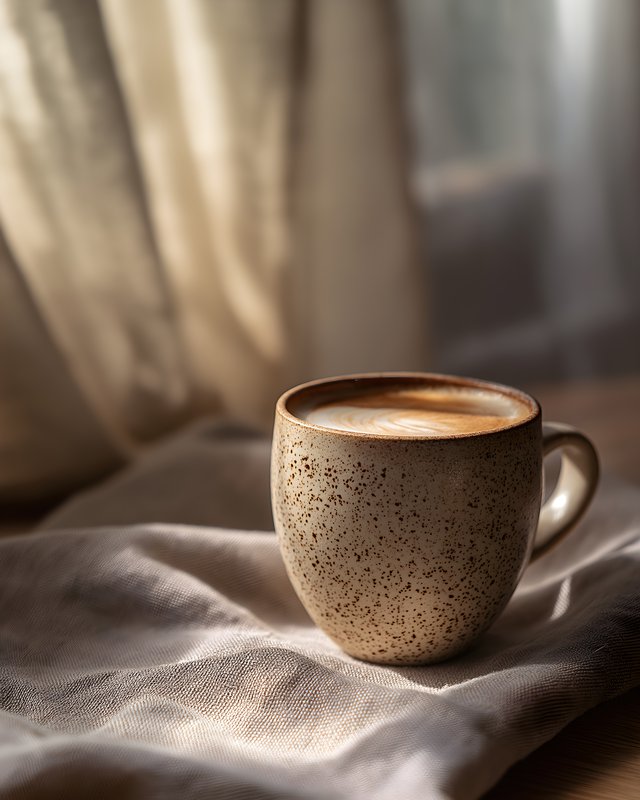 Coffee cup sits on soft fabric near window in morning light Free Premium Stock Image - stock photo
