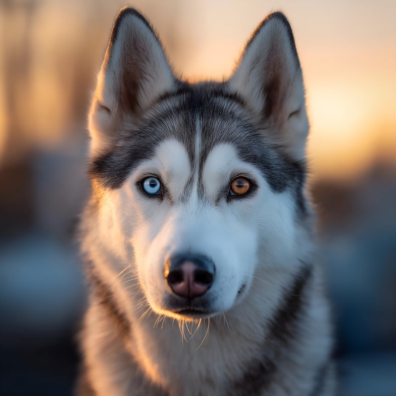 Husky with different colored eyes stands against sunset Free Premium Stock Photo - stock photo