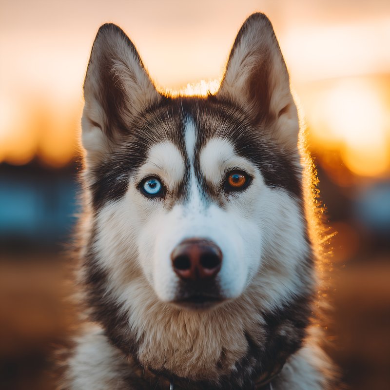Siberian husky looks at sunset with striking eyes Free Premium Stock Image - stock photo