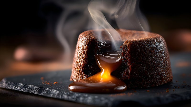 Warm dessert with melted center served on dark stone plate Free Premium Stock Image - stock photo