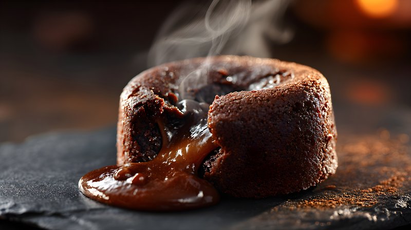 Steaming chocolate lava cake served on a dark slate plate Free Premium Stock Photo - stock photo