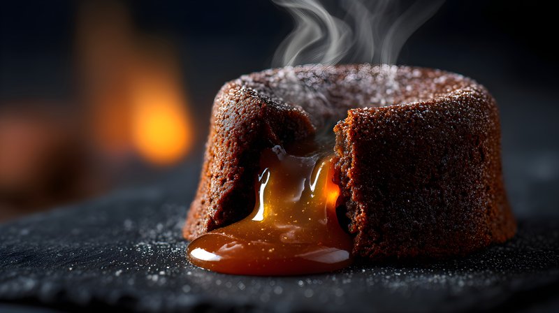 Chocolate dessert melts on a dark plate in a warm setting Free Premium Stock Photo - stock photo