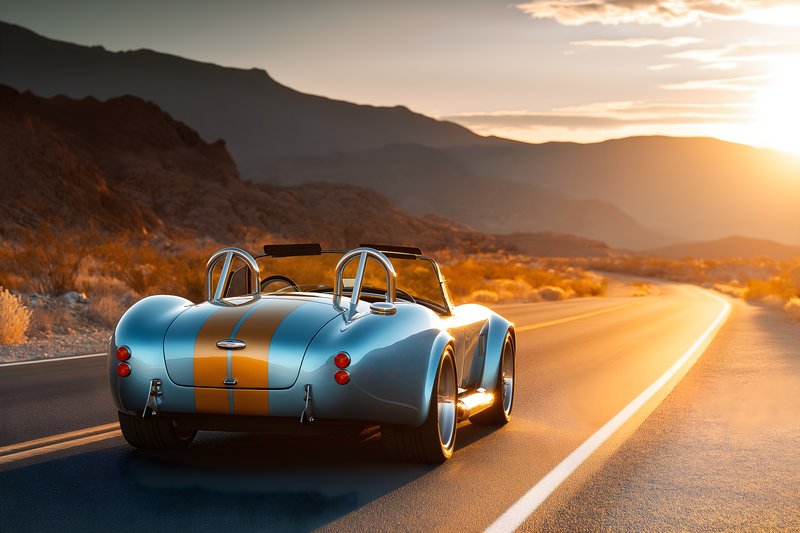 Classic car drives on open road at sunset near mountains Free Premium Stock Photo - stock photo