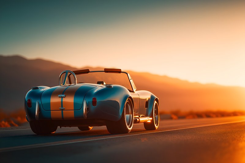 Classic sports car on a sunset road in a mountain area Free Premium Stock Image - stock photo