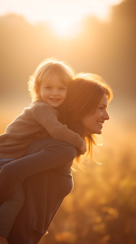 Mother enjoys time with child during sunset in a field Free Premium Stock Photo - stock photo