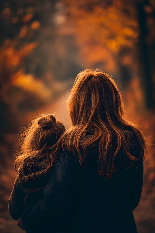 Mother and child walk in autumn forest on a sunny day Free Premium Stock Image - stock photo