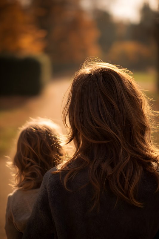 Woman and child walk on a path surrounded by autumn trees Free Premium Stock Image - stock photo